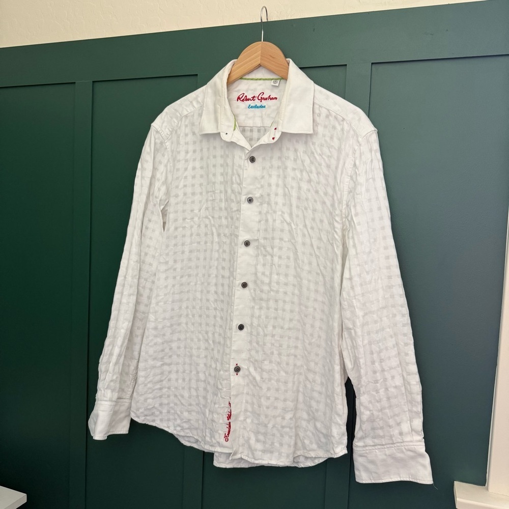 Robert Graham White Textured Collared Button Down Checkered Print